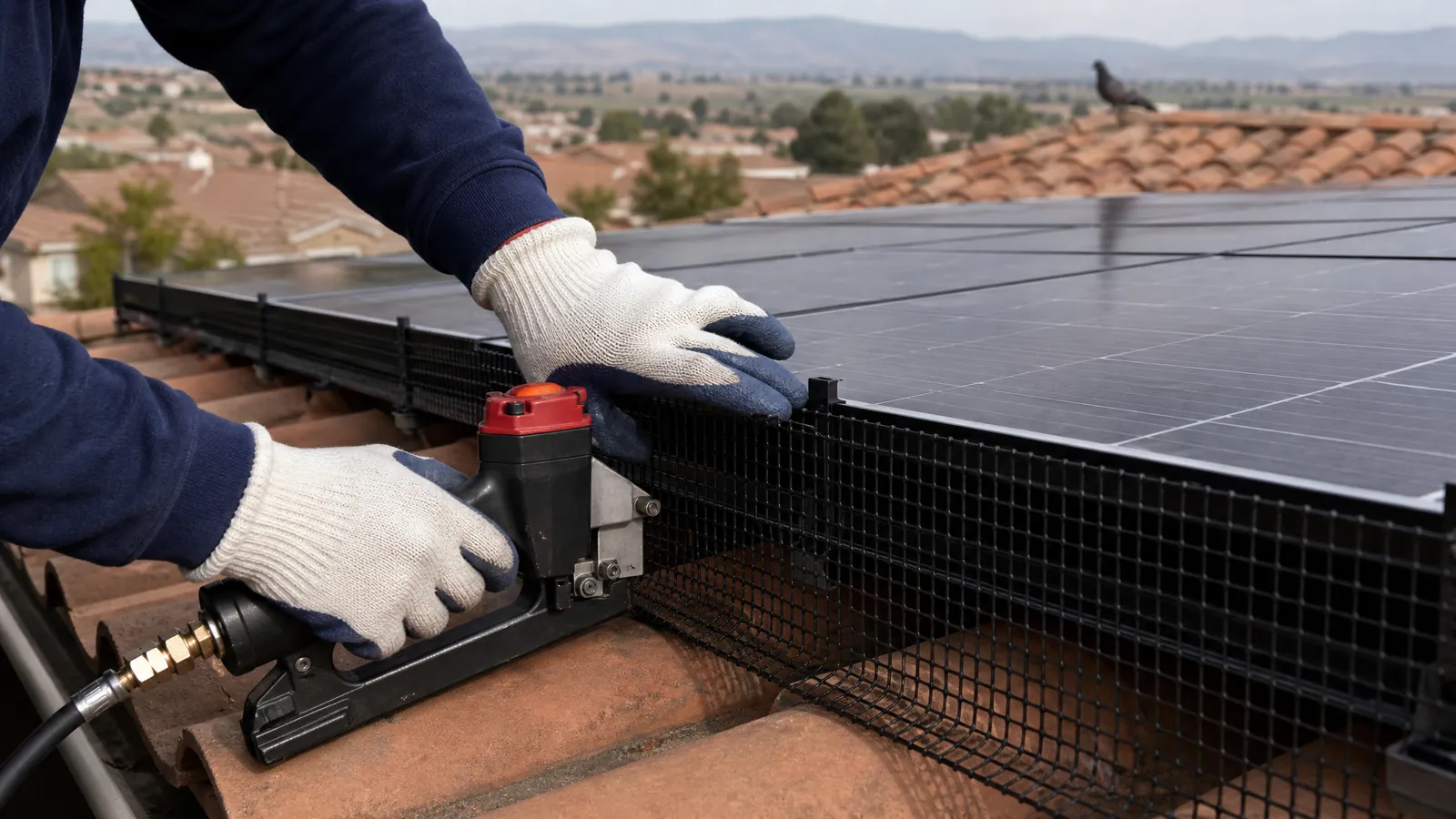 A1 Solar Cleaning technician installing bird mesh under a solar panel array