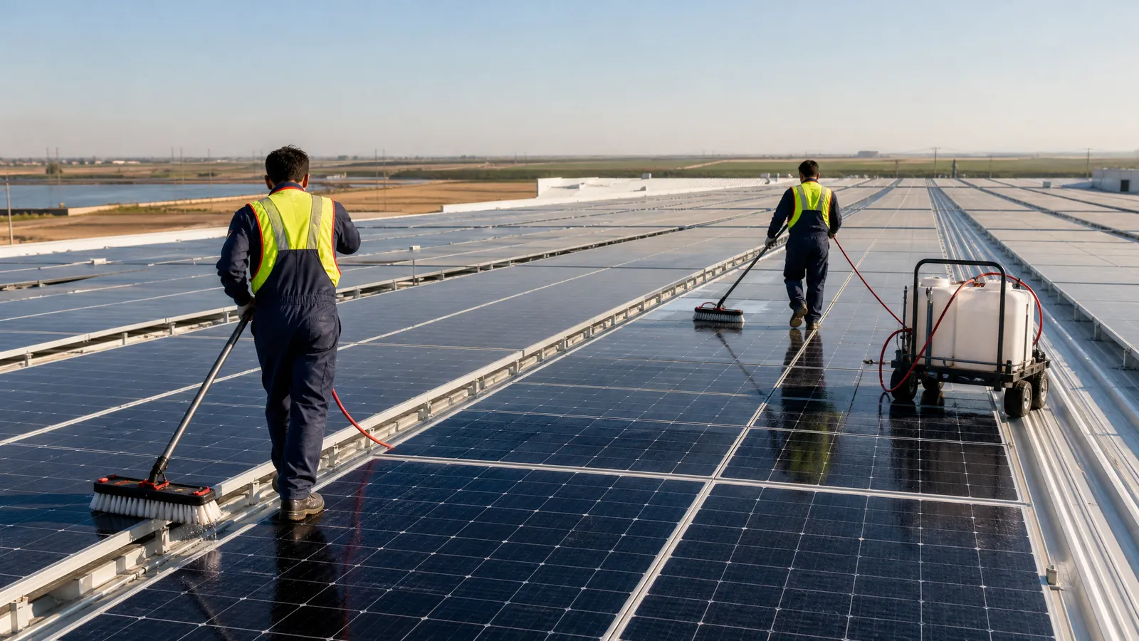 A1 Solar Cleaning crew cleaning a commercial solar array in the Central Valley