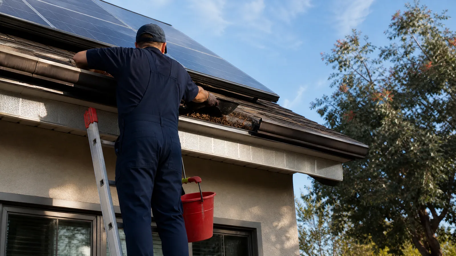 A1 Solar Cleaning technician clearing a roof gutter beneath solar panels
