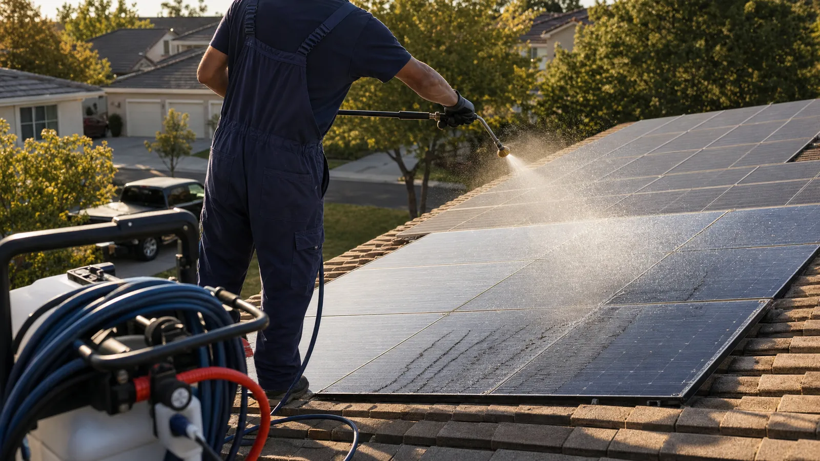 A1 Solar Cleaning technician pressure washing a residential solar panel array