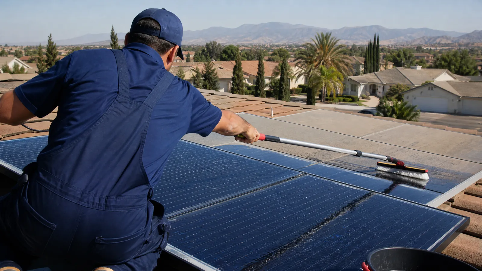 A1 Solar Cleaning technician cleaning residential solar panels in the Central Valley